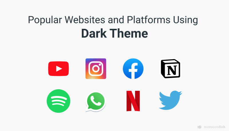 Popular Websites and Platforms using Dark theme include Youtube, Instagram, Facebook, Notion, Spotify, Whatsapp, Netflix and Twitter 