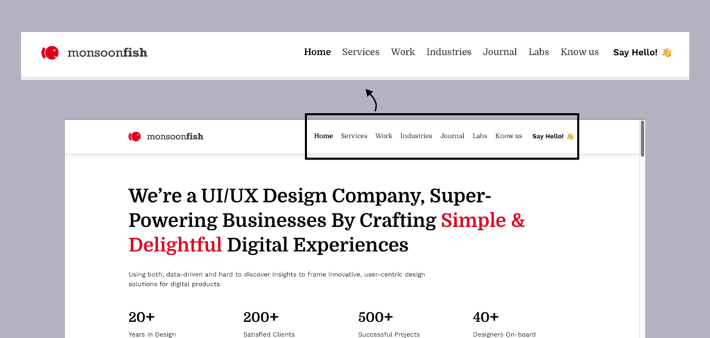 Horizontol menu on the Monsoonfish website service page 
